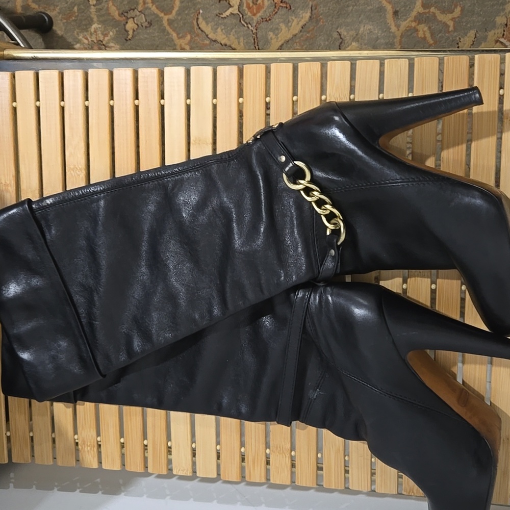 Coach Aida leather heeled boots with gold chain link hardware